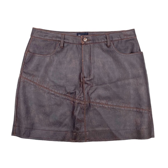 Vintage 90s Y2K No Boundaries PVC Faux Leather Stitch Detail Brown Mini Skirt - Picture 1 of 9